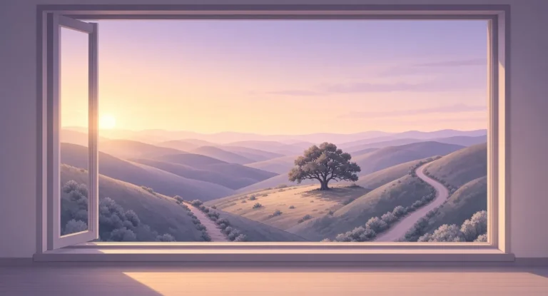 Illustration of early morning sun rising through an open window over violet hills with a lone tree and a winding path