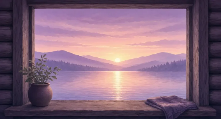 Illustration of sunrise over a lake seen through a log cabin window