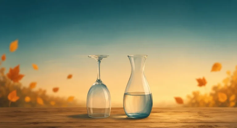 Illustration of an upturned wine glass beside a carafe of water on a wooden table, golden late-afternoon light with autumn leaves outside