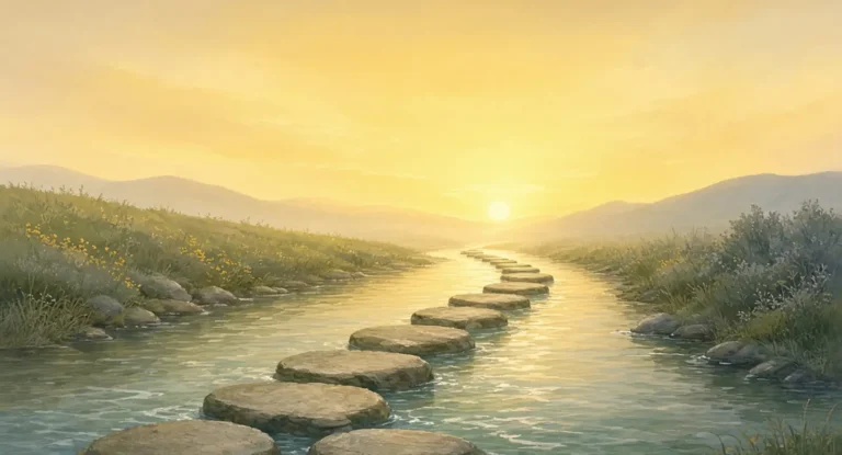 Illustration of stepping stones across a stream curving into light