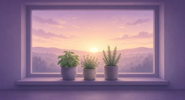 Illustration of sunrise through a kitchen window with potted herbs on the sill