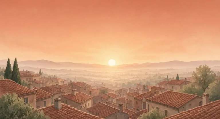 Illustration of terracotta rooftops of a quiet town at sunrise