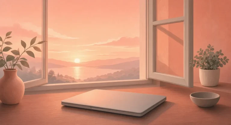 Illustration of a closed laptop on a desk beside an open window at sunrise