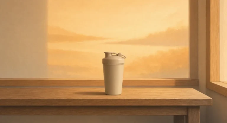 Illustration of an empty plain shaker cup resting on a wooden gym bench beside a sunny window