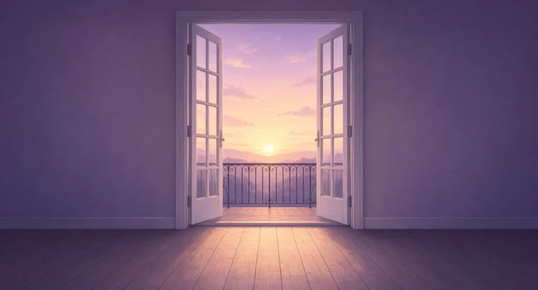 Illustration of sunrise seen through tall white French doors open onto a small balcony, warm light spilling across an empty wooden floor