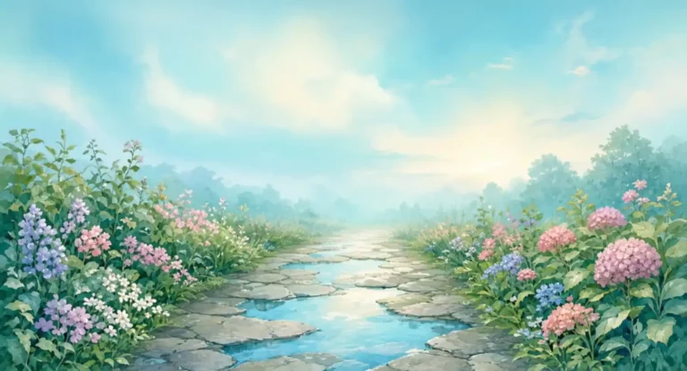 Illustration of a garden after rain with clear puddles reflecting the sky