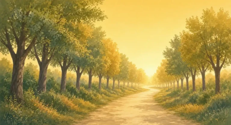 Illustration of an avenue of trees with a path curving into light