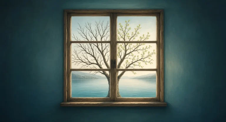 Illustration of a wooden window looking out on a calm teal lake, with a tree half bare in winter and half budding with spring leaves