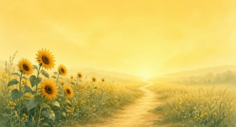 Illustration of a meadow path lined with sunflowers curving into light