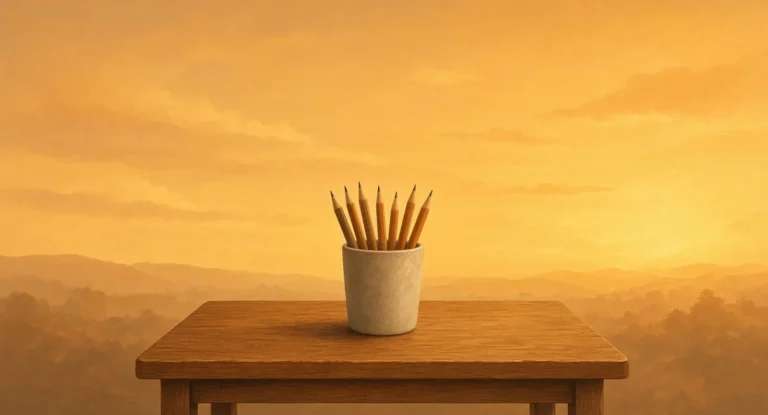 Illustration of a quiet wooden school desk with sharpened pencils in a cup at golden hour