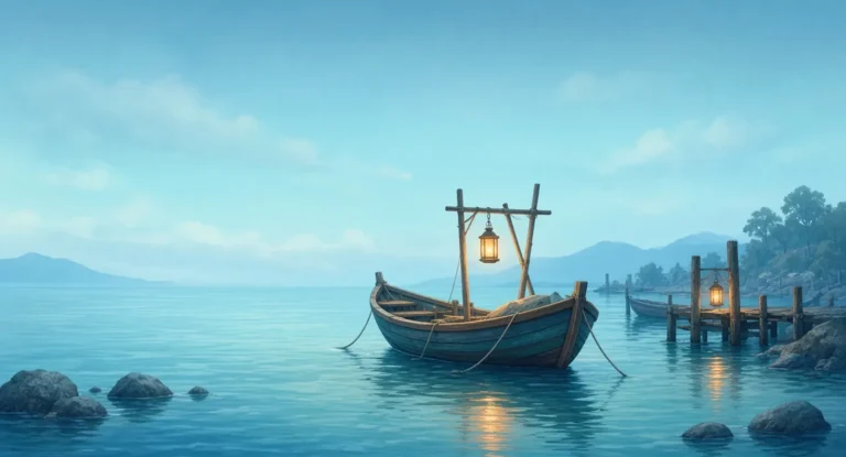 Illustration of a quiet harbor at night with small boats at rest