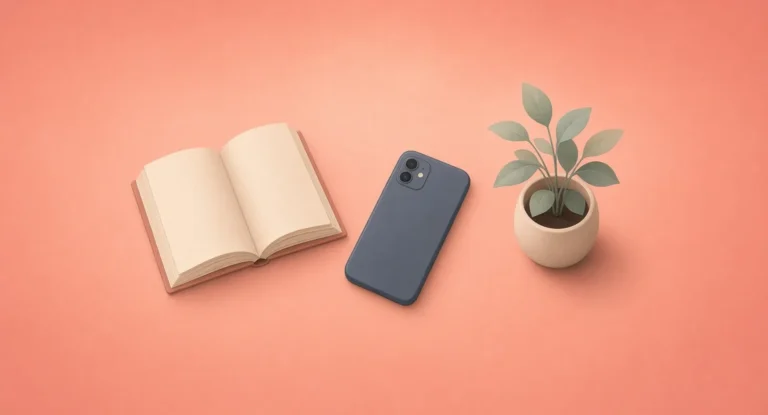 Illustration of a smartphone lying face-down on a table beside an open book and a small plant
