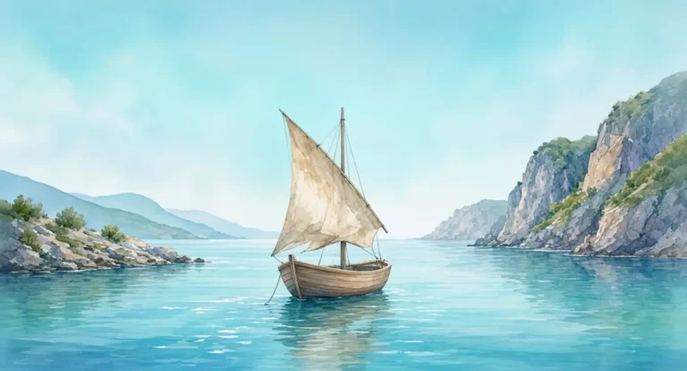 Illustration of a sailboat resting with a loosened sail in a calm bay