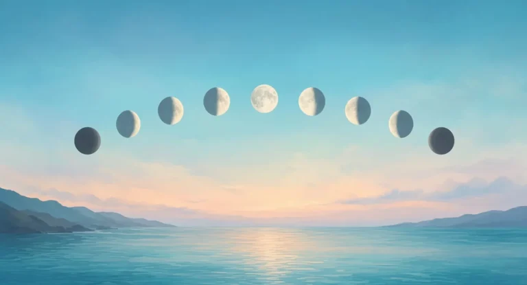Illustration of the phases of the moon arranged across a twilight sky above the sea