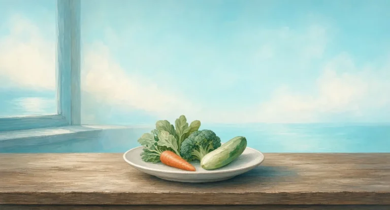 Illustration of a simple dining table near a window with a small plate and fresh vegetables