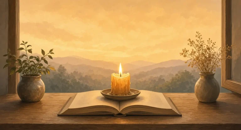 Illustration of a candle burned low on a reading desk beside an open window