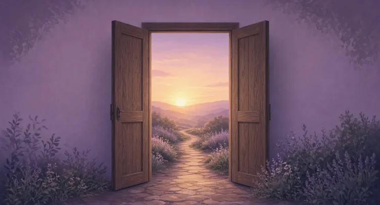 Illustration of sunrise seen through an open door onto a garden path