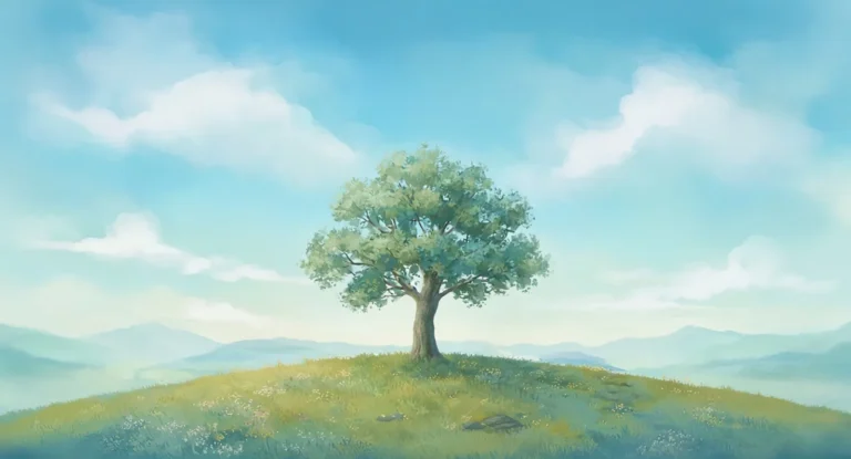 Illustration of a hilltop with a single tree and drifting clouds