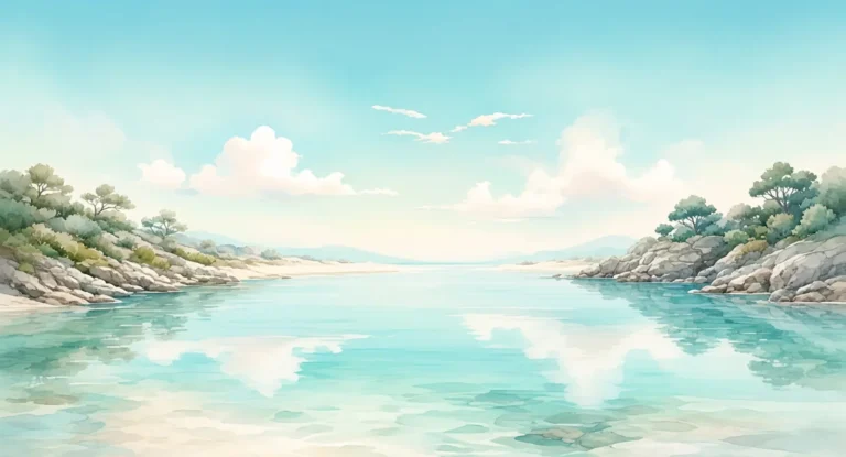 Illustration of a sheltered lagoon with clear shallow water over pale sand, soft clouds reflected on the still surface