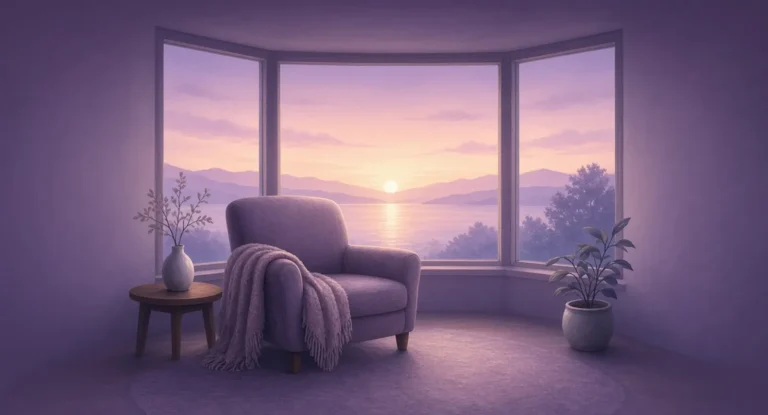 Illustration of sunrise through a bay window with an empty reading chair
