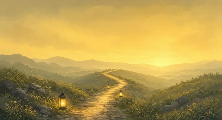 Illustration of an evening path lit by small lanterns curving into a dusk glow