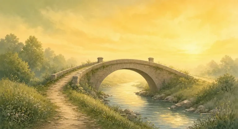 Illustration of a footpath over an arched bridge curving into light above a river