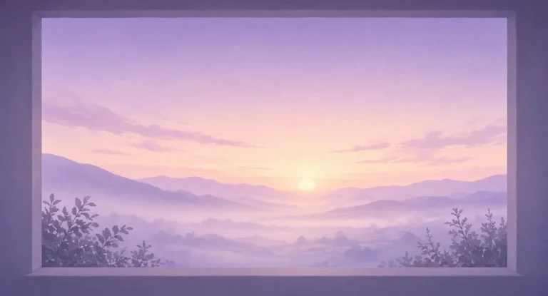 Illustration of sunrise over a misty valley seen through a window