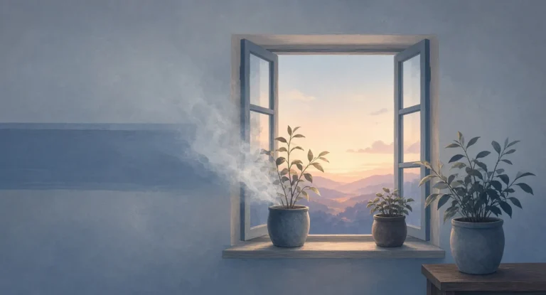 Illustration of a faint vapor cloud thinning out by an open window with potted plants, in evening light
