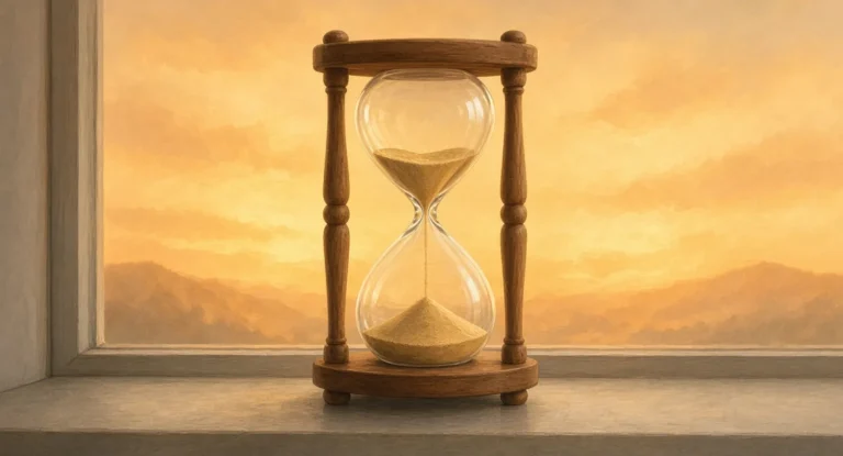 Illustration of a wooden hourglass with the last sand running through, on a windowsill