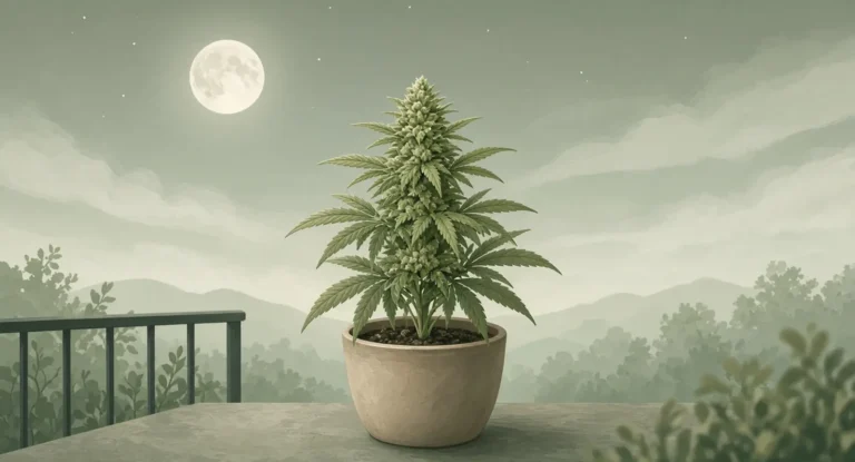 Illustration of a calm leafy cannabis plant in a pot on a balcony at night under a full moon