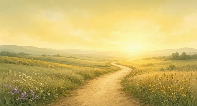 Illustration of a cycling path through open fields curving into light