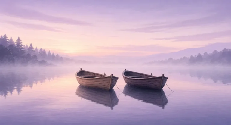 Illustration of two empty wooden rowing boats moored side by side on a still, misty lavender lake at dawn