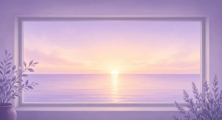 Illustration of sunrise over a calm sea seen through a wide window