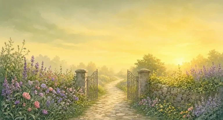 Illustration of a garden path through an open gate curving into soft morning light