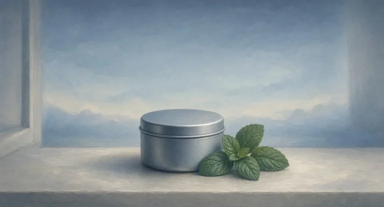 Illustration of a small plain round closed tin on a windowsill next to fresh mint leaves
