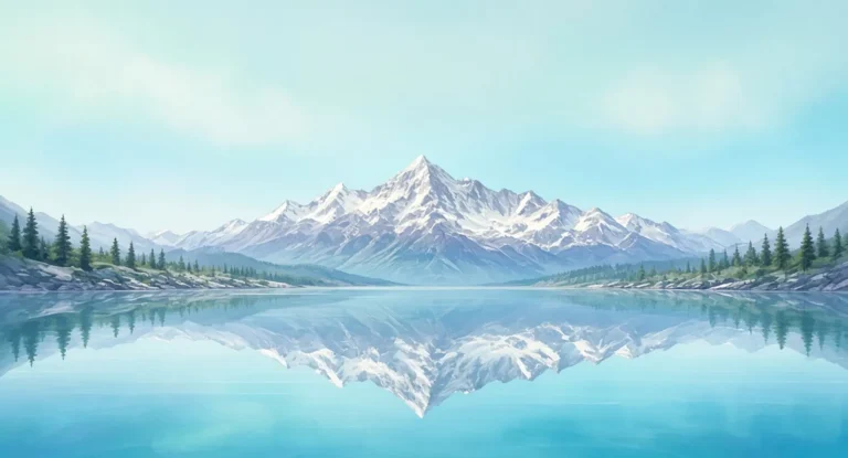 Illustration of a still mountain lake with a mirror reflection of the peaks
