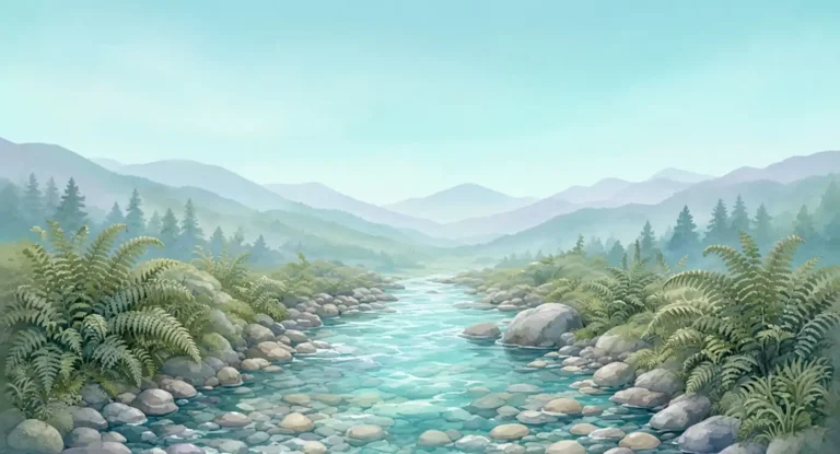 Illustration of a cool clear mountain stream flowing over smooth pebbles between soft green ferns under a pale cyan sky